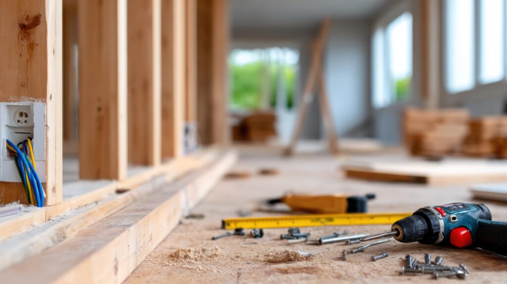 construction site interior with wooden framing and power tools including a drill screws and measuring tape on the floor ready for home building