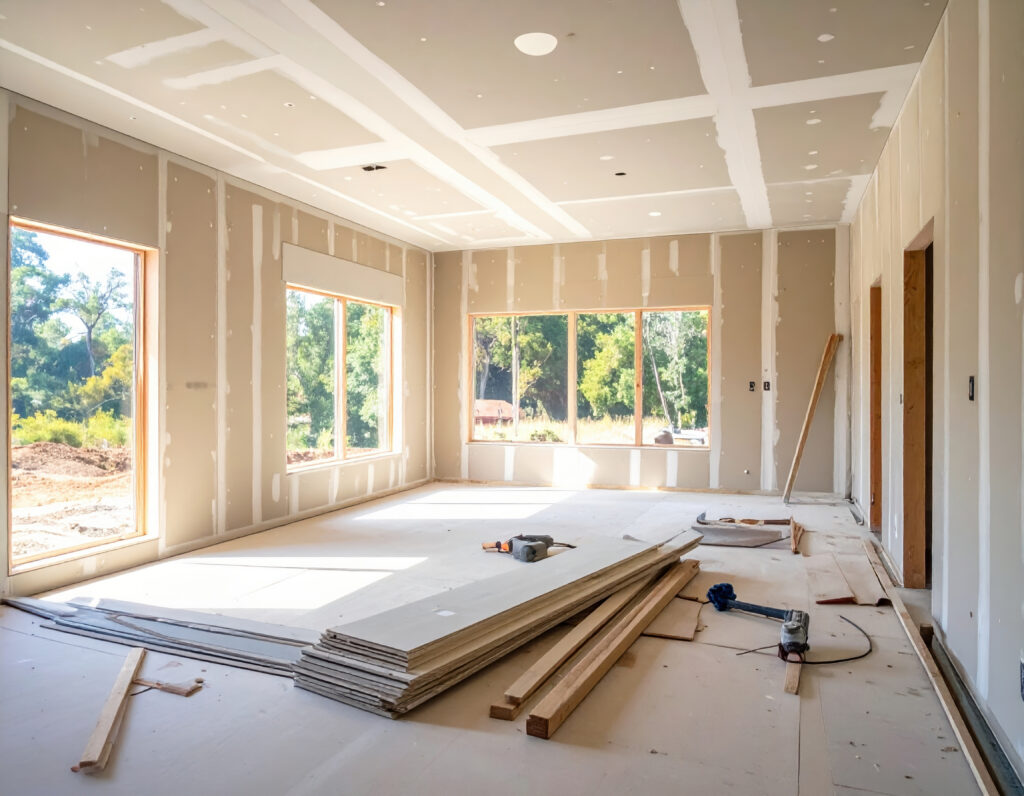unfinished room with drywall panels and wooden planks stacked on floor, large windows letting in natural light, construction tools scattered, bright interior with trees visible outside